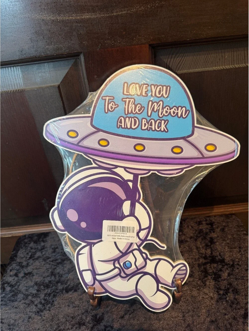 Wooden Wall Hanging with Astronaut and UFO Design - 'Love You To The Moon And  '